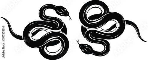 Set of black snake silhouettes featuring coiled serpents for occult tattoo art, predator wildlife logo design, and mystical vector illustration (20 words)