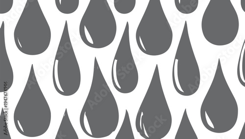 Seamless pattern of grey raindrops with white highlights on a white background