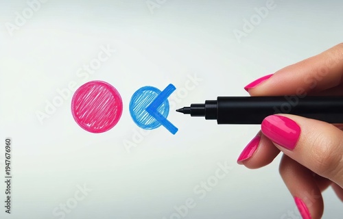 hand with bright pink nails holding a black marker marking a blue checked circle beside a red filled circle on a white background, conveying decisive choice