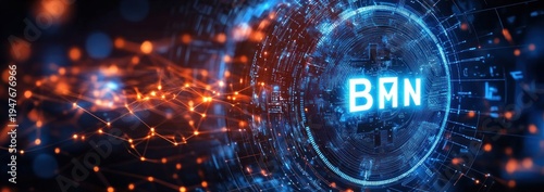 Glowing futuristic digital interface with bright central letters, circular blue circuit ring and orange particle network conveying dynamic energetic connectivity