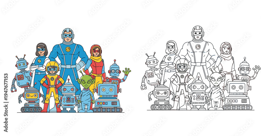 Fototapeta premium Sci-fi superhero family team with cute robots and alien. Color and black and white line art vector illustration for kids coloring book page or character design.