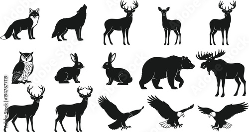 WSet of black forest animal silhouettes including deer, bear, eagle, fox, and wolf for woodland nature vector illustration and logo design (20 words)eb