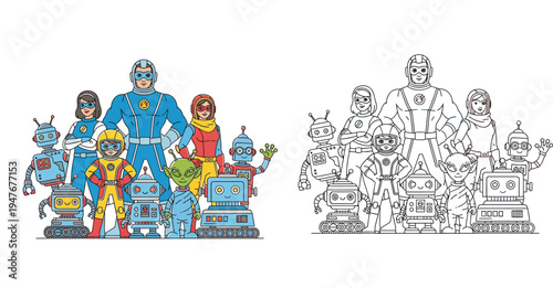 Sci-fi superhero family team with cute robots and alien. Color and black and white line art vector illustration for kids coloring book page or character design.