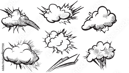 Set of black and white comic book explosion and smoke cloud shapes with halftone dot texture