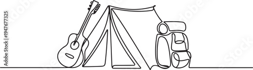 Tent with guitar and backpack. Eco-friendly tourism. one line art icon drawing vector