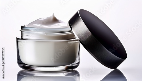 white face cream in a jar with black cover on white background