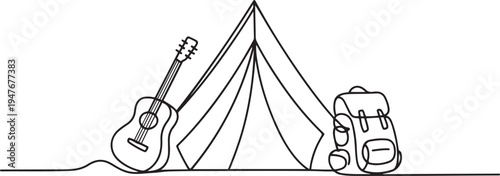 Tent with guitar and backpack. Eco-friendly tourism. one line art icon drawing vector
