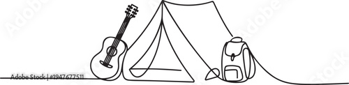 Tent with guitar and backpack. Eco-friendly tourism. one line art icon drawing vector