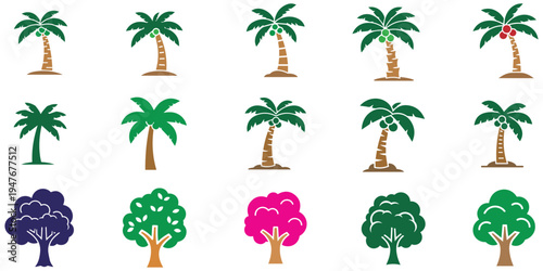 Set of various palm and deciduous trees on a white background eps 10