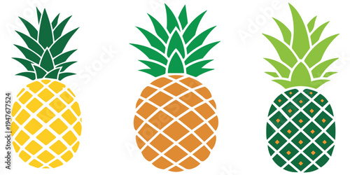 Set of three stylized pineapple fruits in different colors eps 10