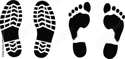 Set of boot sole and human barefoot prints collection, black footprint icons, tracking detective elements, vector shoe mark sketches set