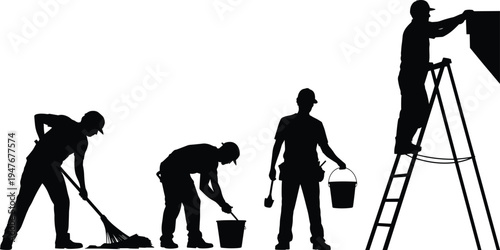 Worker silhouettes, construction labor, maintenance tasks, industrial illustration, teamwork concept, 