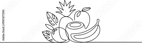 Fresh tropical fruitage concept for fruit garden icon. one line art icon drawing vector