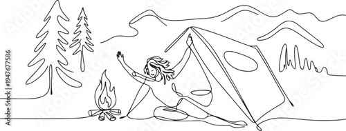 camping landscape in a campground. A woman who just woke up while camping. Eco-friendly tourism. one line art icon drawing vector