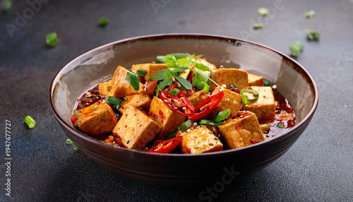 spicy asian tofu dish with chili and herbs in ceramic bowl