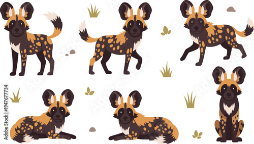 African Wild Dog Vector Illustration Set Featuring Painted Dog Predators in Standing and Sitting Poses for Safari Wildlife Graphics, Nature Designs, and Zoology Education.