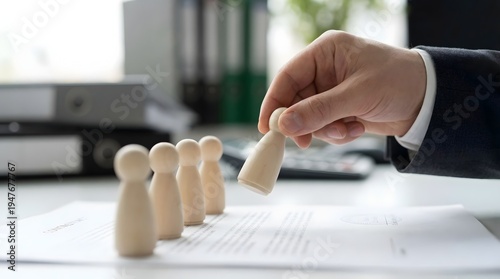 Wooden figures in a line with hand selecting one in bright office lighting for recruitment.