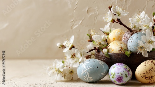 Bright Easter table banner with decorative eggs, spring blossoms, soft natural light, white copy space, festive holiday background