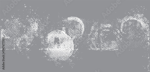 White halftone circular stains and splatter patterns on a solid gray background