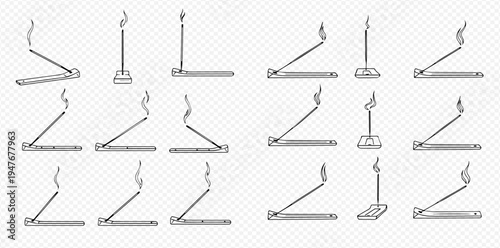 Set of hand-drawn incense sticks with smoke, aromatherapy and meditation elements.