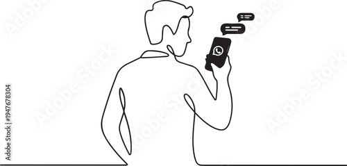 man is on the phone using whatsapp social media with a standing position looking from behind. one line art icon drawing vector