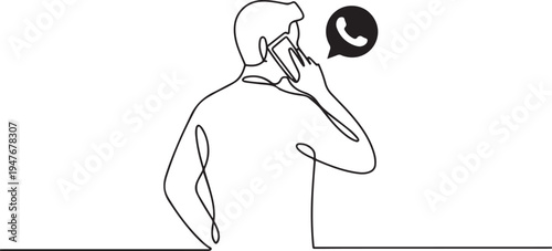 man is on the phone using whatsapp social media with a standing position looking from behind. one line art icon drawing vector