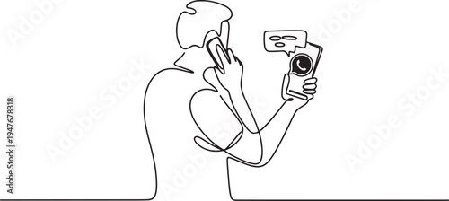 man is on the phone using whatsapp social media with a standing position looking from behind. one line art icon drawing vector
