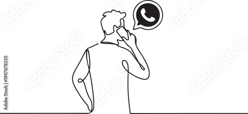 man is on the phone using whatsapp social media with a standing position looking from behind. one line art icon drawing vector