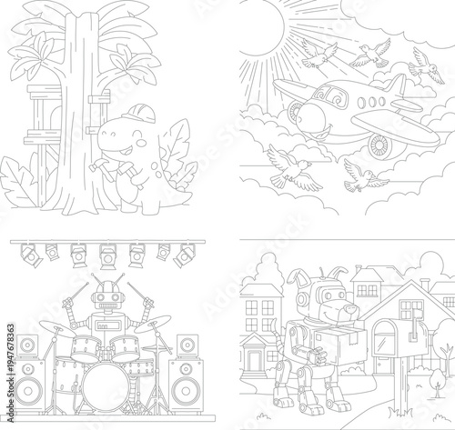 Children's coloring book pages with dinosaur jungle, flying airplanes, robot drummer, and dog driving car, outline drawing