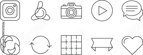 Minimalist line icons set, social media, photography, communication, refresh arrows, heart symbol, play button, camera, gallery layout, digital interface design