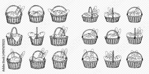 Set of hand-drawn picnic baskets with food, bread, and pastries, perfect for design elements.