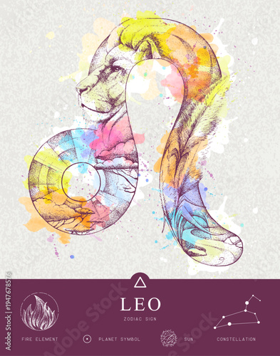 Modern magic witchcraft card with astrology Leo zodiac sign characteristic. Hand drawing art product. Vector illustration