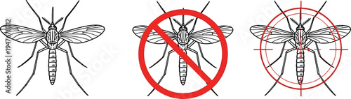 Mosquito insect control icon set featuring a realistic mosquito with prohibition sign and target symbol isolated on white background for health safety