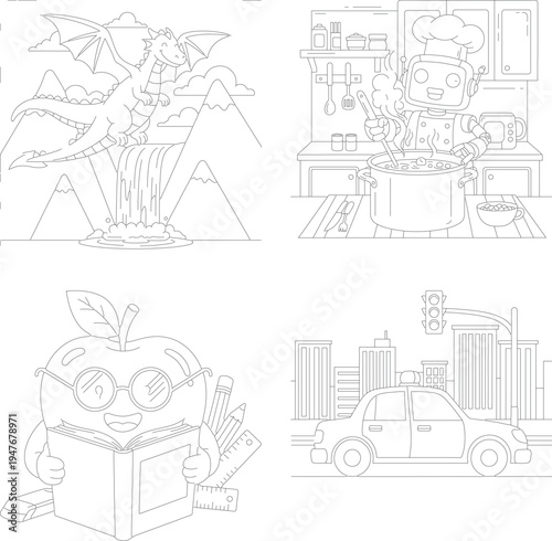 Engaging coloring book pages with dragon, chef cooking, apple reading, and city car adventure, apple character, coloring page