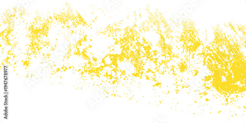 Yellow halftone grunge texture with scattered ink splatter and distressed paint pattern