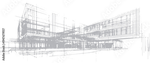 Architectural of a modern office building with grid lines and structural framework