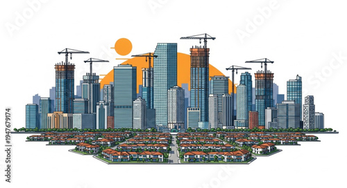 Modern Cityscape Under Construction with Cranes and Sun.