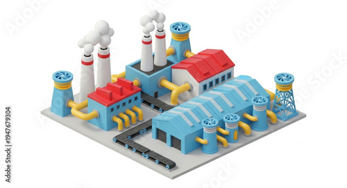 Cartoon Industrial Factory Building with Smokestacks and Cooling Towers.