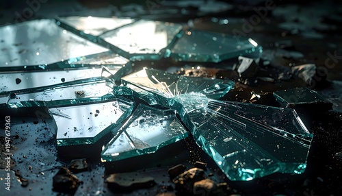 Shattered glass on a dark surface with sharp fragments