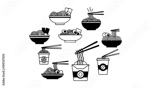 Stylized noodle dish icons collection black and white ramen food symbols vector