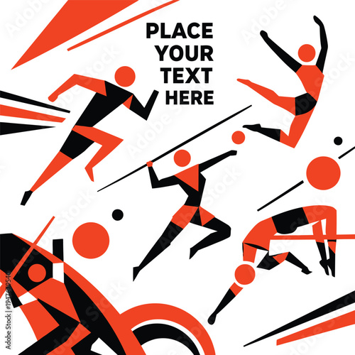 073-13-Abstract styled athletes performing various track and field disciplines in a red and black geometric design