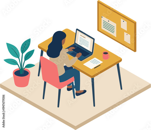 A woman sits at a desk working on her laptop surrounded by office supplies and a plant in a modern indoor workspace environment.