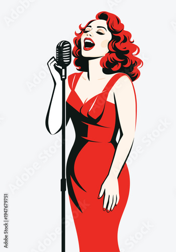 073-15-Female vocalist in red dress passionately singing into a vintage microphone