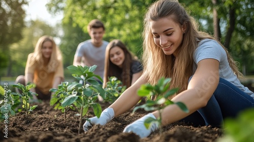 Volunteers planting young saplings in a sunlit park, kneeling in soil with gloves, focused and hopeful teamwork restoring green space
