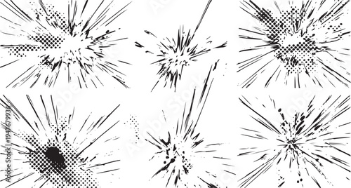 Black and white comic book style explosion burst shapes with halftone dots
