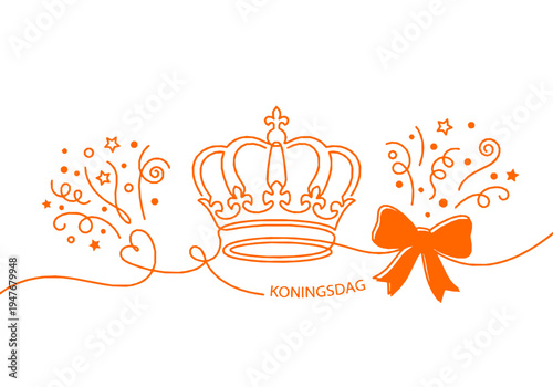 King's Day Monoline Background with Royal Crown and Orange Ribbon