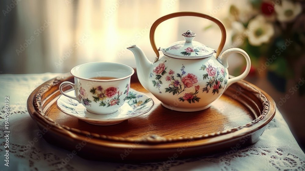 Fototapeta premium vintage floral porcelain teapot and teacup on wooden tray with saucer and lace tablecloth bathed in warm soft light, evoking cozy nostalgic calm