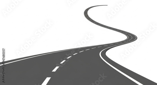 Curving Asphalt Road with White Lines on White Background.
