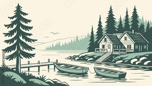 Peaceful Lakeside Village with Dock and Boats Vector