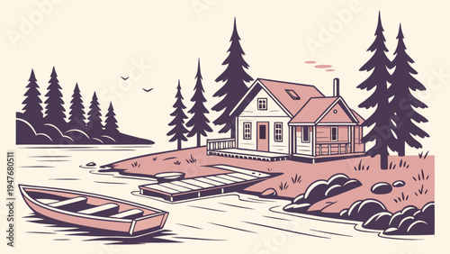 Peaceful Lakeside Village with Dock and Boats Vector